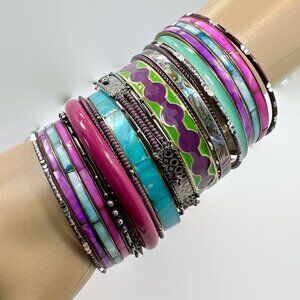 Boho Bangle Bracelet Stack: Vintage India Enamel & Shell Set (17pc)